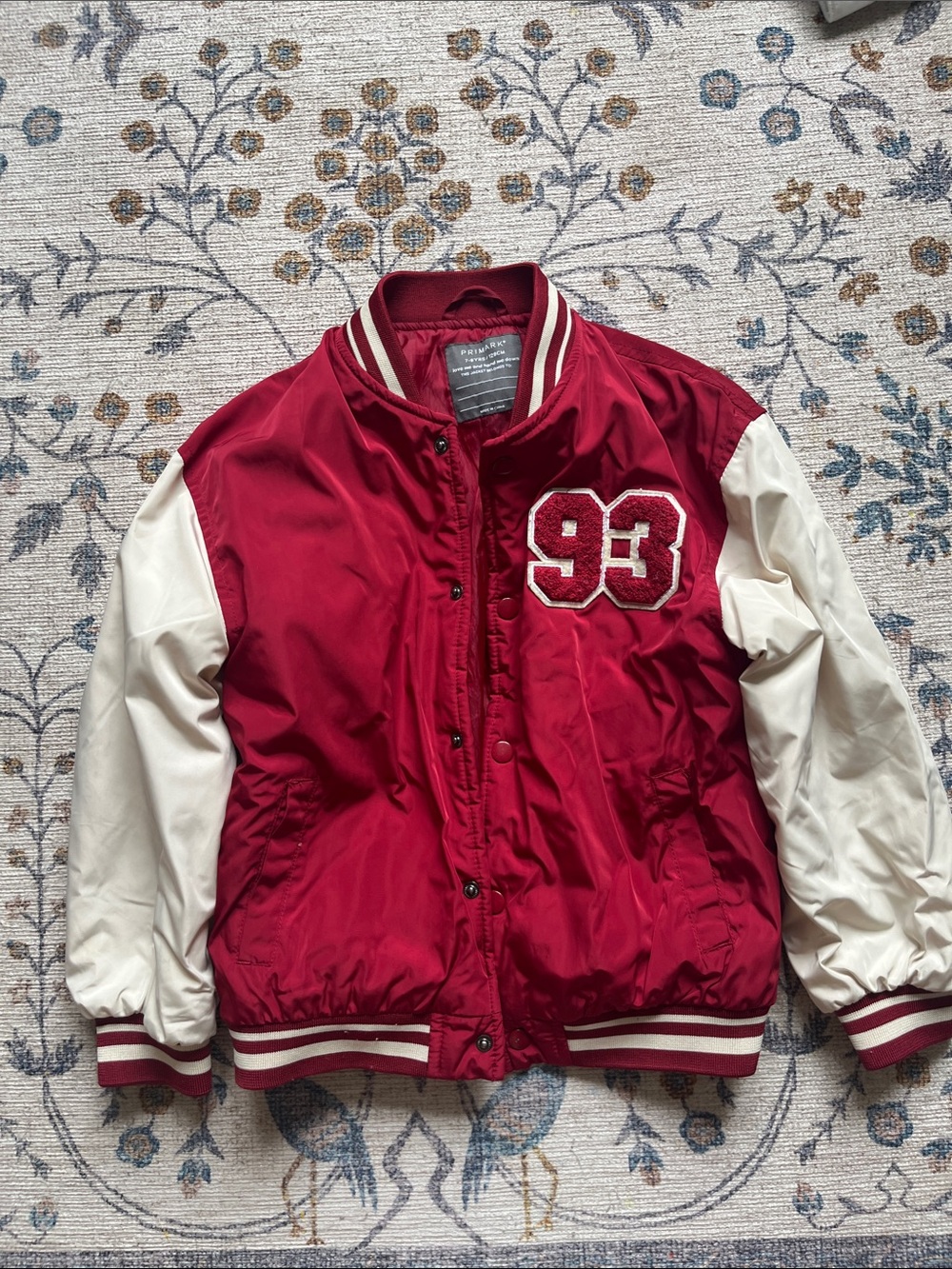 Primark Red and Cream Kids Varsity Jacket with '93 Patch